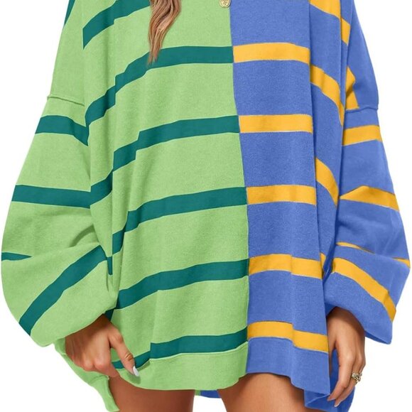 Sweaters - Womens Striped Pullover Sweater Crew Neck Long Sleeve Knitted Color Block Casual